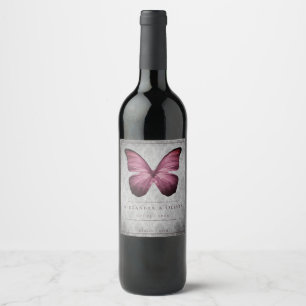 Magenta Vintage Butterfly Damask Wedding Wine Label