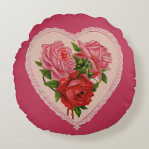Magenta Vintage Rose Heart Valentine Round Cushion