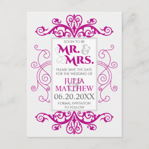 Magenta Vintage Swirls Wedding Save The Date Announcement Postcard