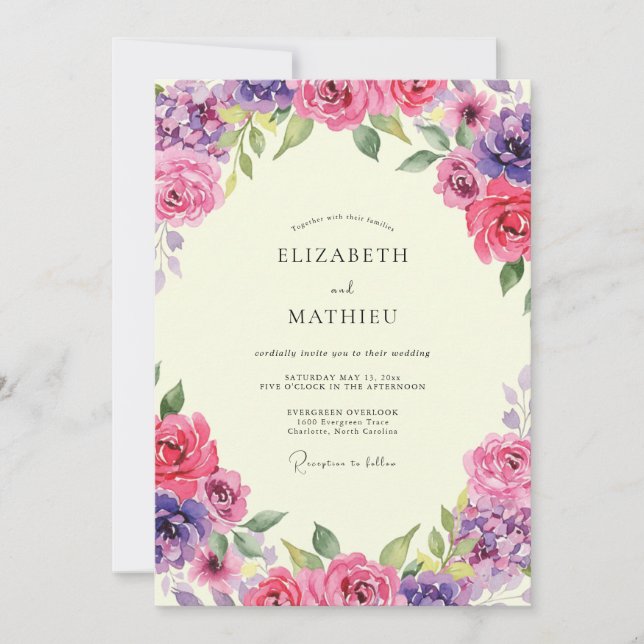 Magenta Violet Peony Wedding Invitation (Front)