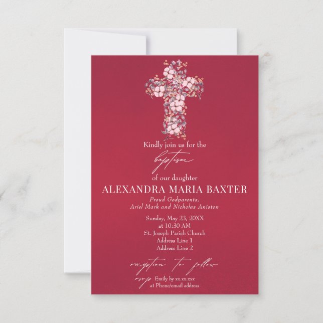 Magenta Watercolor Floral Holy Cross Girl Baptism Invitation (Front)