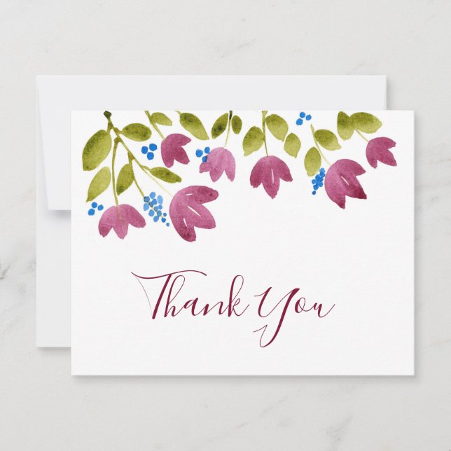 Magenta Watercolor Flowers Thank You Card (Front)