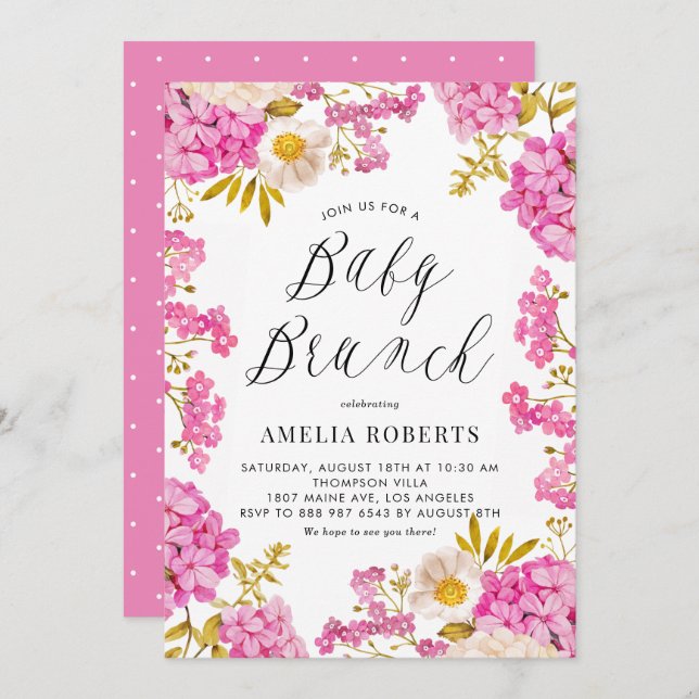 Magenta Watercolor Hydrangeas Floral Baby Brunch Invitation (Front/Back)