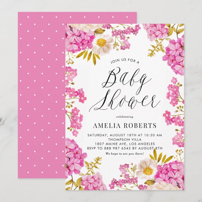 Magenta Watercolor Hydrangeas Floral Baby Shower Invitation (Front/Back)