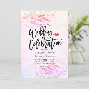 Magenta Watercolor Leaves Flower Botanical Wedding Invitation