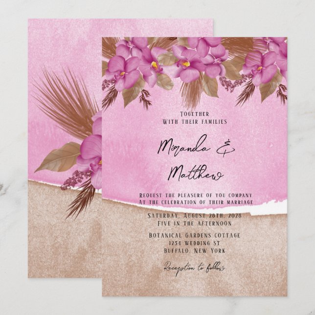 Magenta Watercolor Orchids Wedding Invitation (Front/Back)