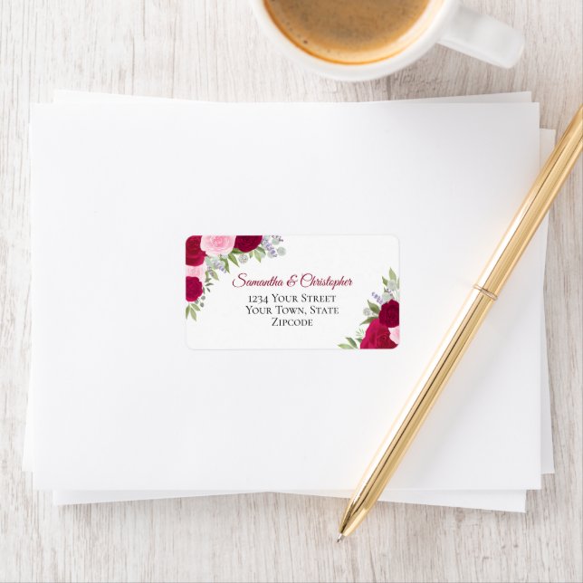 Magenta Watercolor Roses Elegant Wedding Address Label (Insitu)
