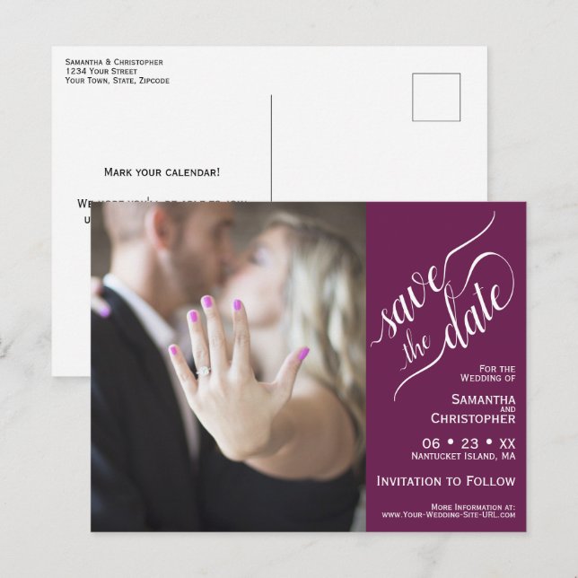 Magenta Wedding Save the Date Photo & Calligraphy Announcement Postcard (Front/Back)