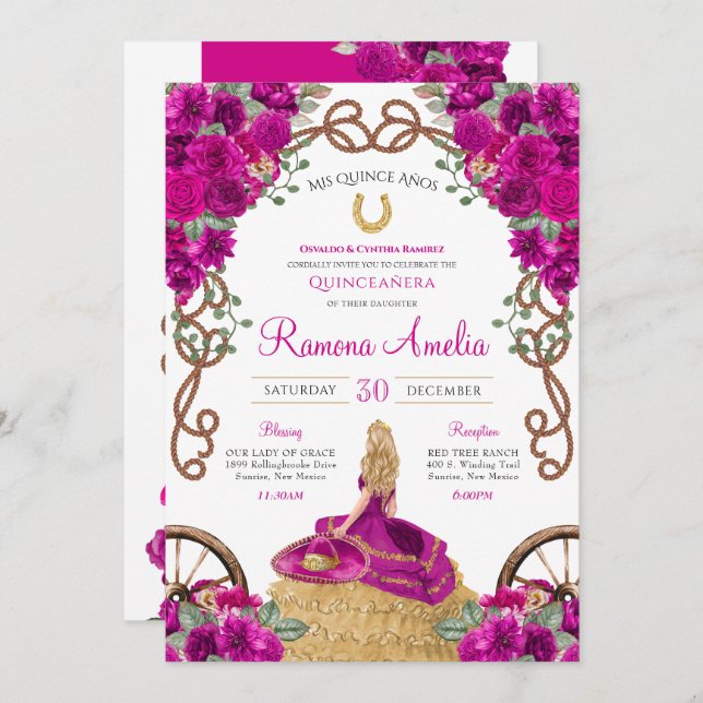 Magenta Western Charro Hot Pink Floral Quinceañera Invitation (Front/Back)