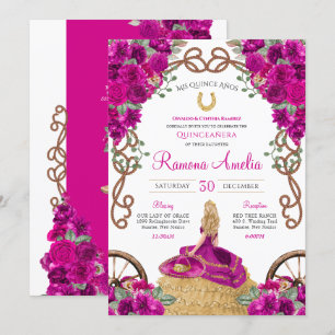 Magenta Western Charro Hot Pink Floral Quinceañera Invitation