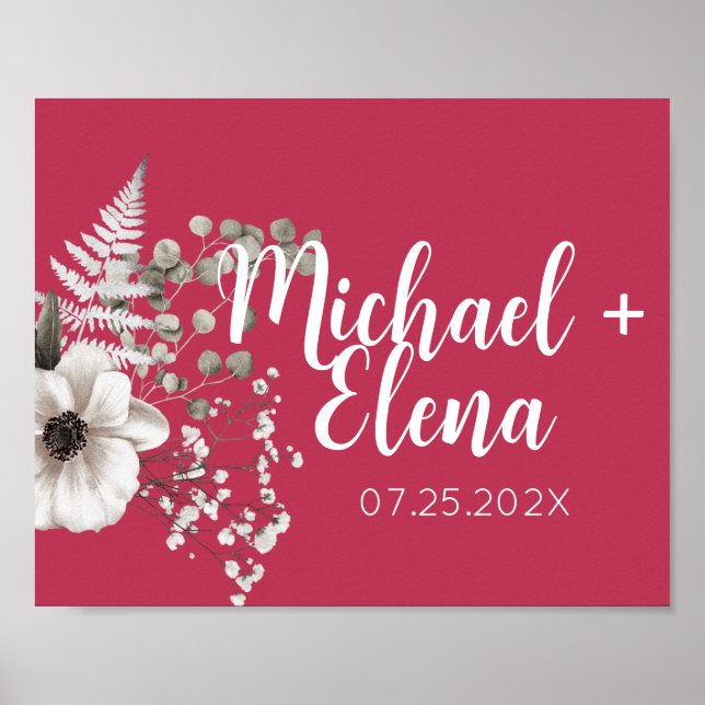 Magenta & White Floral Wedding Wall Print (Front)
