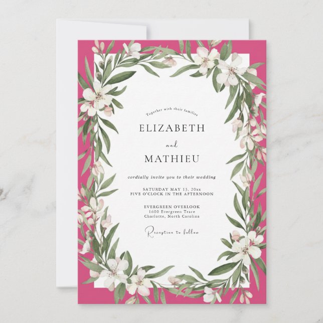 Magenta White Petal Wedding Invitation (Front)