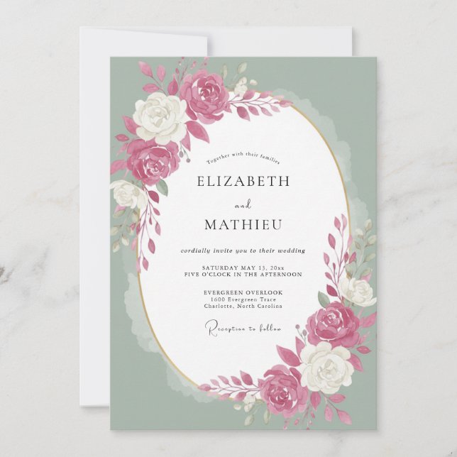 Magenta White Rose Wedding Invitation (Front)