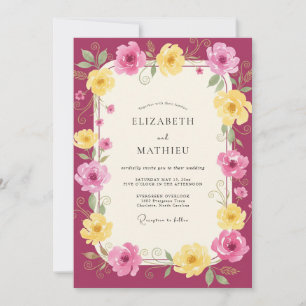 Magenta Yellow Ranunculus Muted Eucalyptus Wedding Invitation