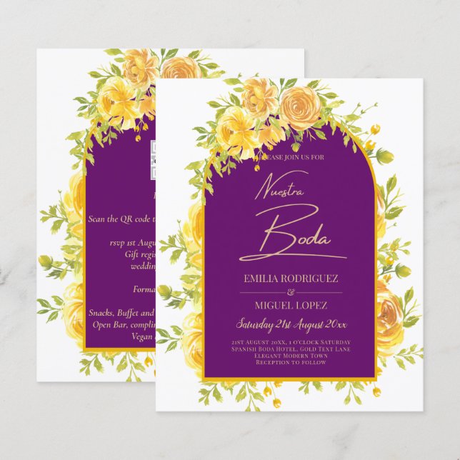 Magenta Yellow Roses Plum Purple Gold Wedding  (Front/Back)
