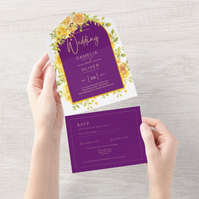 Magenta Yellow Roses Plum Purple Gold Wedding  All In One Invitation (Tearaway)
