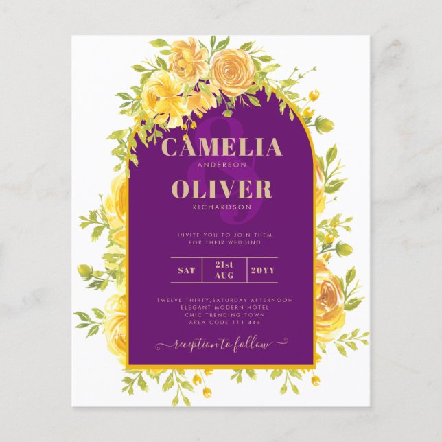 Magenta Yellow Roses Plum Purple Gold Wedding  Flyer (Front)