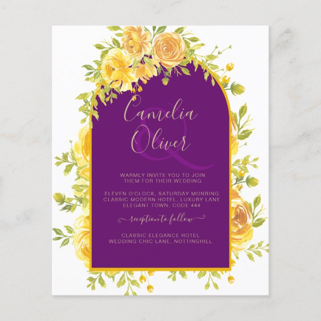 Magenta Yellow Roses Plum Purple Gold Wedding  Flyer (Front)