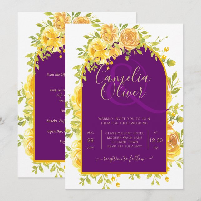 Magenta Yellow Roses Plum Purple Gold Wedding  Invitation (Front/Back)