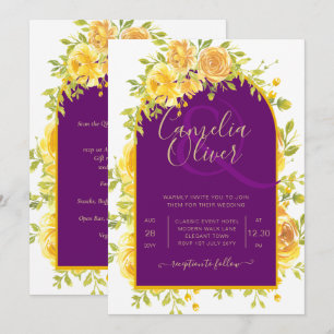 Magenta Yellow Roses Plum Purple Gold Wedding  Invitation