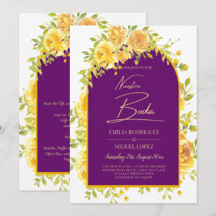 Magenta Yellow Roses Plum Purple Gold Wedding  Invitation