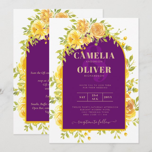 Magenta Yellow Roses Plum Purple Gold Wedding  Invitation (Front/Back)