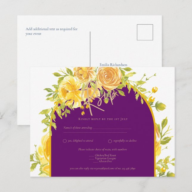 Magenta Yellow Roses Plum Purple Gold Wedding  Postcard (Front/Back)