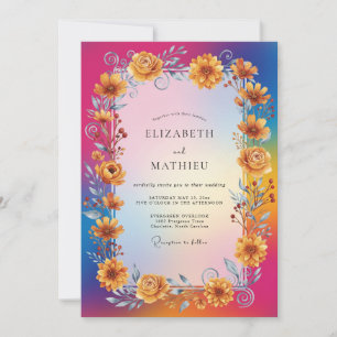 Magenta Yellow Sunflower Eucalyptus Wedding Invitation