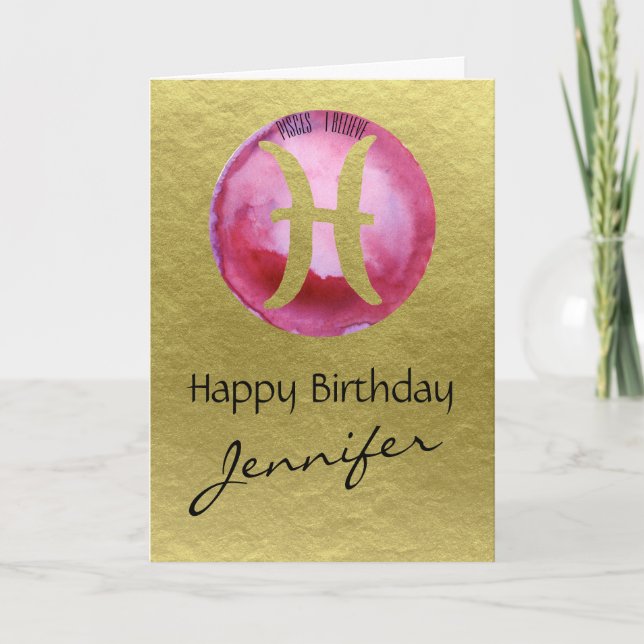Magenta Zodiac Sign Pisces on Gold Background Holiday Card (Front)