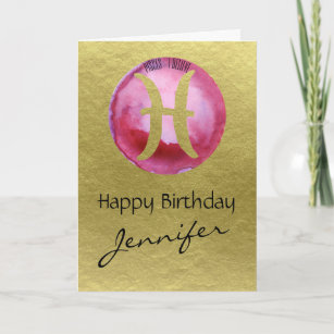 Magenta Zodiac Sign Pisces on Gold Background Holiday Card