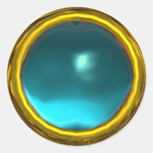 MAGIC AQUA BLUE AQUAMARINE GEM STONE GOLD YELLOW CLASSIC ROUND STICKER
