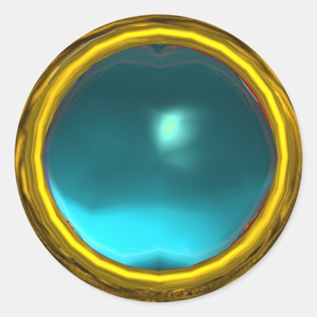 MAGIC AQUA BLUE AQUAMARINE GEM STONE GOLD YELLOW CLASSIC ROUND STICKER (Front)
