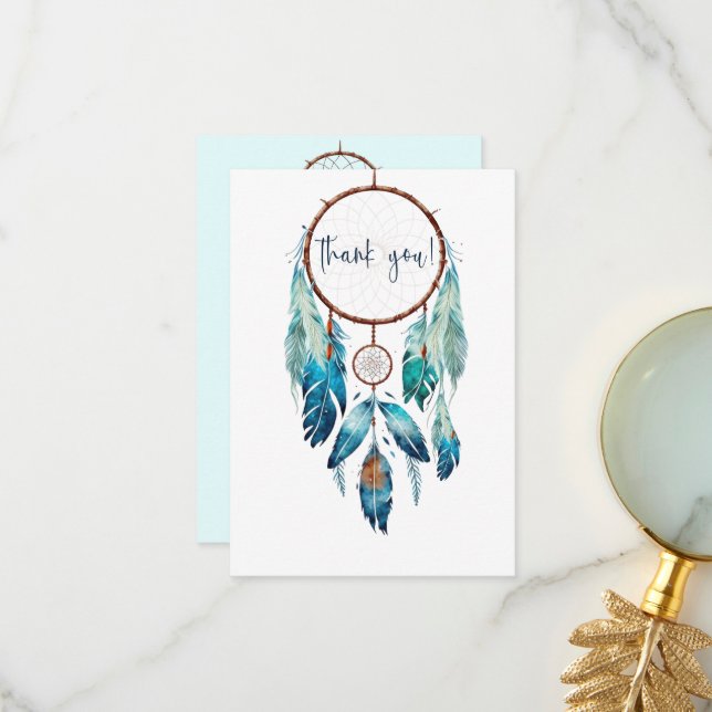 Magic Aquamarine Dreamcatcher Baby Shower Thank You Card (Front/Back In Situ)