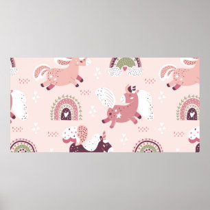 Magic background with little unicorns and rainbows poster
