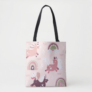 Magic background with little unicorns and rainbows tote bag