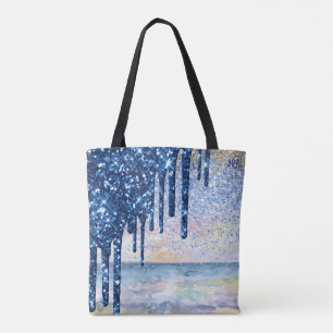*~* Magic Beach Gold Blue Drip Glitter Tote Bag