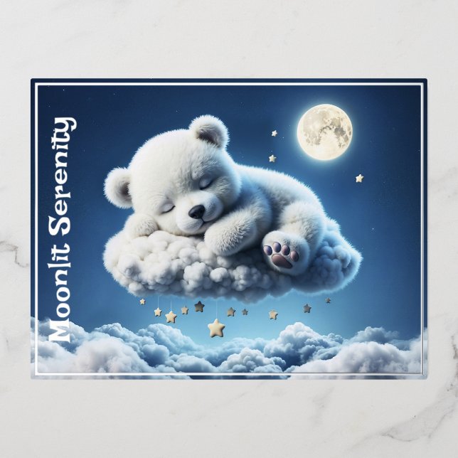 Magic bear dreamy night pastel blue art foil holiday postcard (Front)