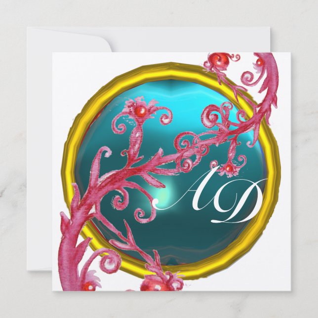 MAGIC BERRIES 4,MONOGRAM blue aquamarine gold Invitation (Front)