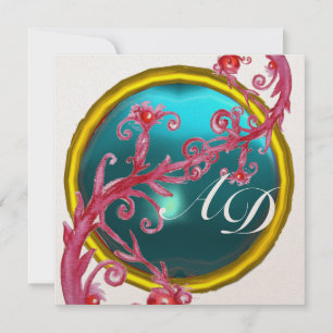 MAGIC BERRIES 4,MONOGRAM blue aquamarine gold Invitation