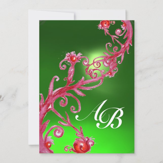 MAGIC BERRIES,MONOGRAM emerald green red Invitation (Front)
