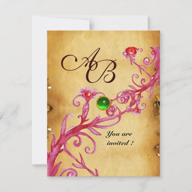 MAGIC BERRIES  MONOGRAM  Parchment Green Emerald Invitation (Front)