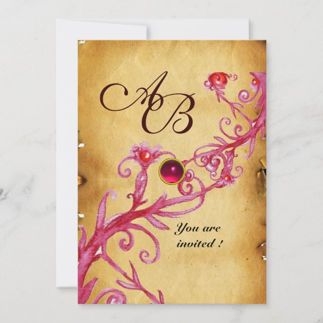 MAGIC BERRIES  MONOGRAM  Parchment Red Ruby Invitation (Front)