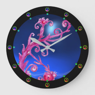 MAGIC BERRIES; PINK FLORAL SWIRLS BLUE GEMSTONE LARGE CLOCK