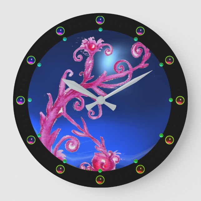 MAGIC BERRIES; PINK FLORAL SWIRLS BLUE GEMSTONE LARGE CLOCK (Front)