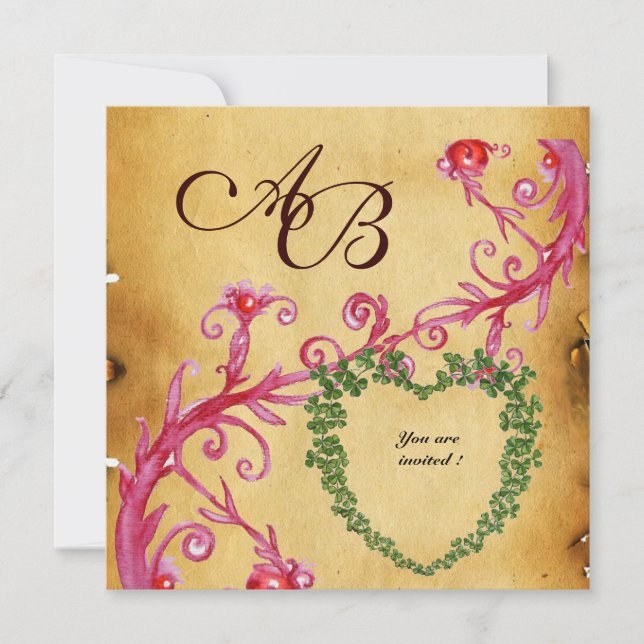MAGIC BERRIES SHAMROCK HEART MONOGRAM parchment Invitation (Front)