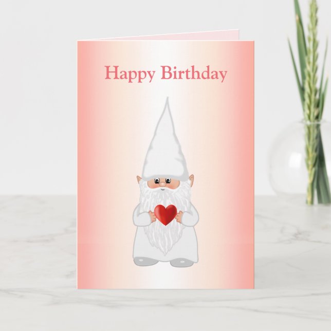 Magic Birthday Gnome with Heart on Pink Card (Front)