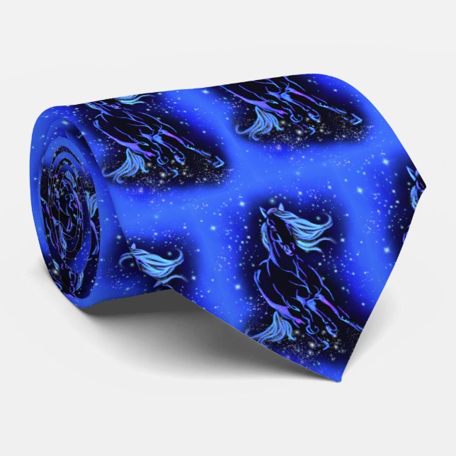 Magic Blue Horse Running At Moonlight Starry Night Tie (Rolled)