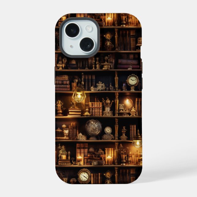 Magic Bookshelf Steampunk iPhone 15 Case (Back)