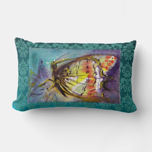 MAGIC BUTTERFLY Teal Blue Damask Lumbar Cushion (Front)
