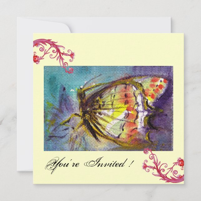 MAGIC BUTTERFLY WITH RED FLORAL SWIRLS ,blue cream Invitation (Front)